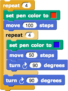 repeat{set pen color to (red); move(100) steps; repeat(4){set pen color to (blue); move (50) steps; turn clockwise(90) degrees}; turn clockwise(90) degrees}